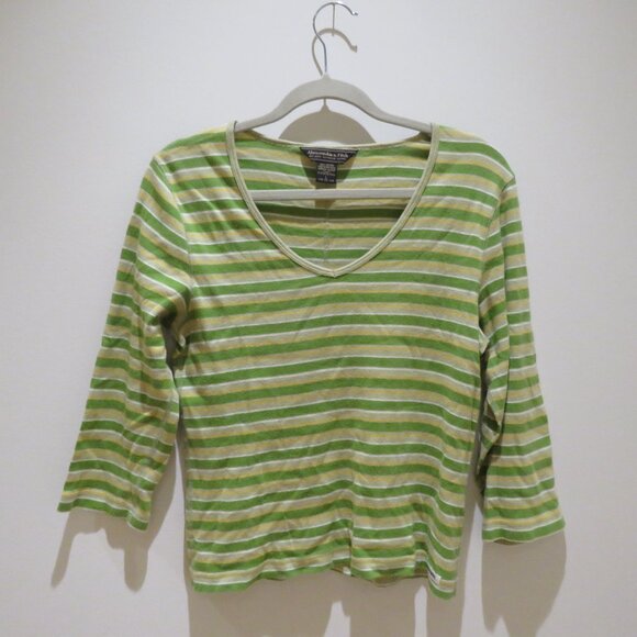 VINTAGE ABERCROMBIE & FITCH Striped V Neck Cotton Tee Top 90s Y2K Friends Size L - Picture 2 of 14